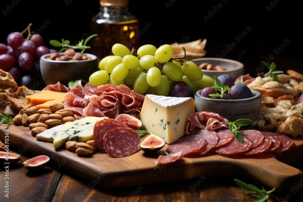  a platter of meats, cheeses, and fruit.  generative ai