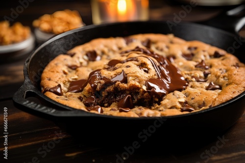  a chocolate chip cookie in a cast iron skillet on a table. generative ai