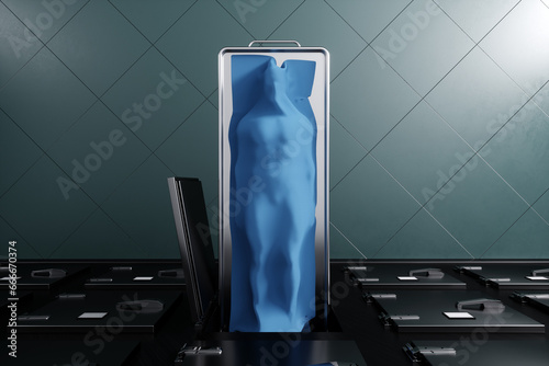 A corpse covered with a blue cloth on a table in a morgue against the backdrop of funeral refrigerators. Concept of death, funeral, autopsy, funeral services. 3D illustration, 3D render, copy space. photo