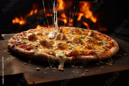  a pizza is being cooked in a pizza oven by a fire. generative ai