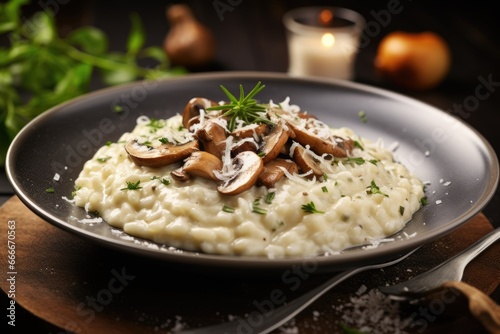  a plate of mashed potatoes with mushrooms and parsley. generative ai