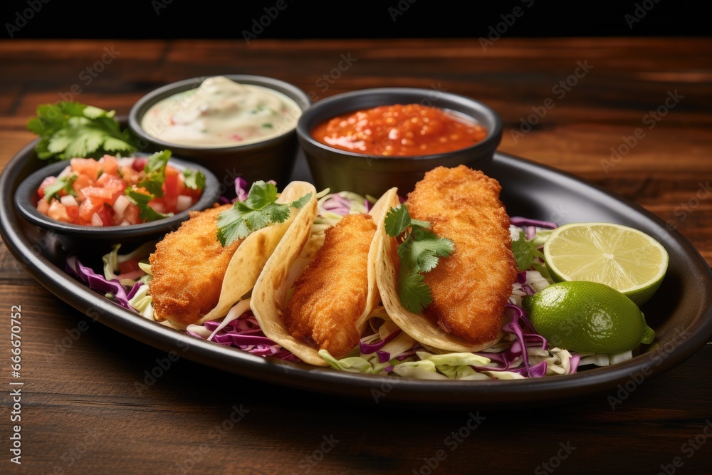a plate of fish tacos with salsa and guacamole. generative ai a plate of fish tacos with salsa and guacamole. generative ai