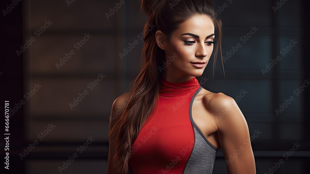 a woman with long hair wearing a red and grey top. generative ai a woman with long hair wearing a red and grey top. generative ai