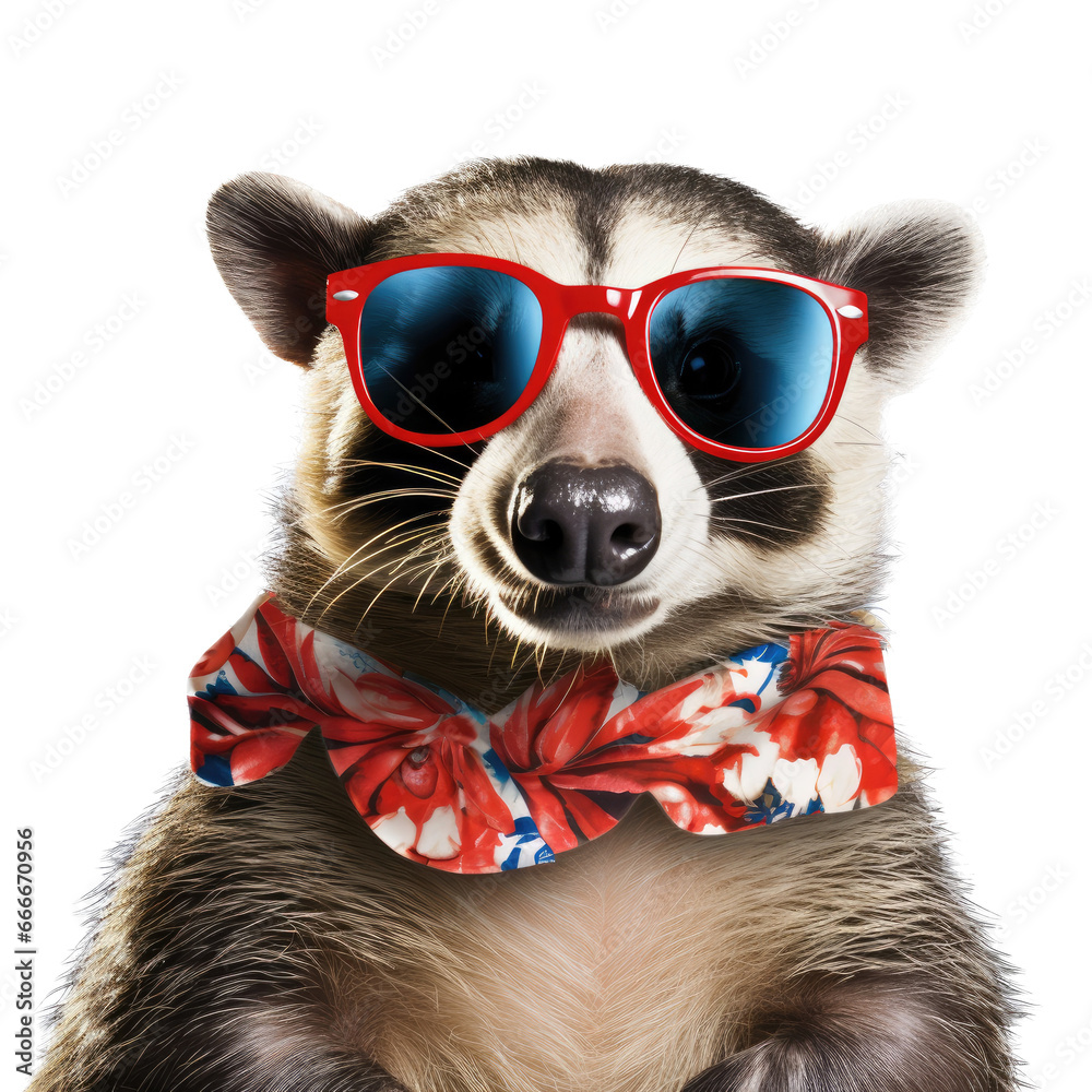 a Badger with sunglasses and a Hawaiian shirt, in an isolated and transparent PNG in a Chill-themed, photorealistic illustration. Generative ai