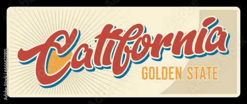 American golden state California travel plate, vintage vector banner, sign for travel destination. Retro board, antique signboard with typography, Sacramento capital, Los Angeles tin number plate