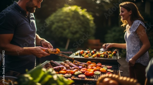 Grilled Vegetables: A Delicious and Healthy Option for Outdoor Cooking. A man and a woman grilling vegetables on a grill.