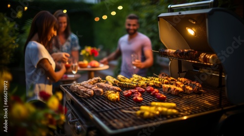 A Fun Backyard BBQ With Friends and Delicious Grilled Food. A group of people standing around a grill with food on it.