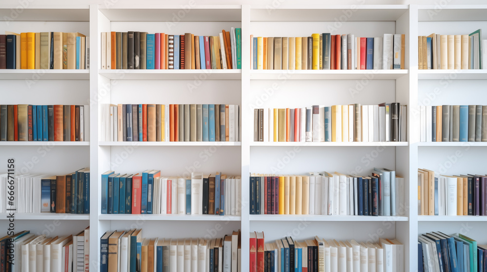 a white wooden bookcase filled with books in a public library a white wooden bookcase filled with books in a public library