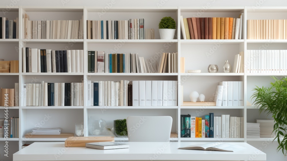 Workplace with a not book on the desk, and bookshelf in the library Background. Workplace with a not book on the desk, and bookshelf in the library Background.