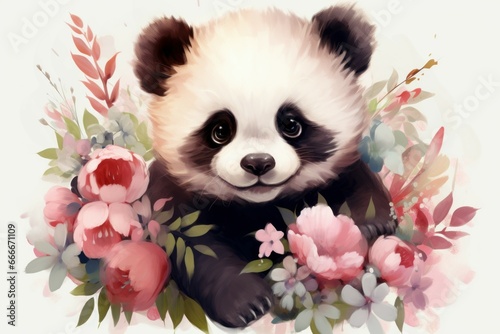 Playful Cute baby panda flowers. Cub animal. Generate Ai © juliars