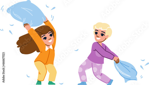 home kid pillow fight vector. happy bedroom, fun together, bed family home kid pillow fight character. people flat cartoon illustration