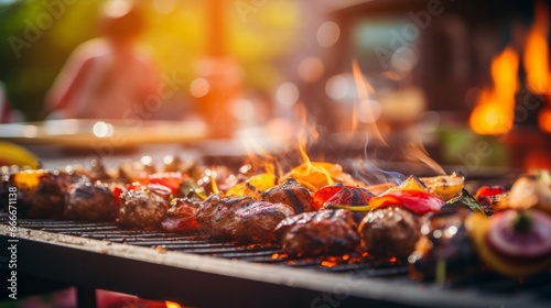 A Mouth-Watering Grilled Feast with Juicy  Sizzling  and Savory Delights. A close up of a grill with meat and vegetables on it.