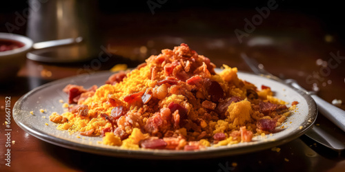Traditional Spanish cuisine. Flour crumbs with pieces of chorizo and bacon. Generative AI.