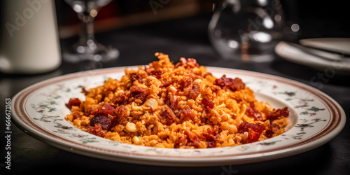 Traditional Spanish cuisine. Flour crumbs with pieces of chorizo and bacon. Generative AI.