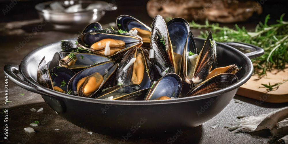Traditional Spanish cuisine. Steamed mussels. Generative AI. Traditional Spanish cuisine. Steamed mussels. Generative AI.