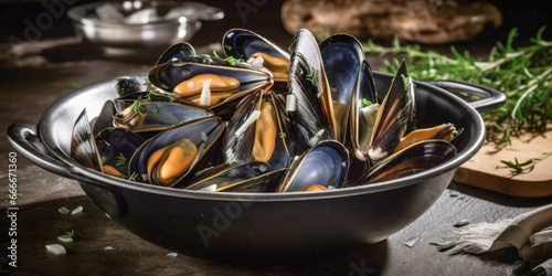 Traditional Spanish cuisine. Steamed mussels. Generative AI.