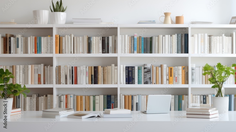 Workplace with a laptop on the desk, and bookshelf in the library Background. Workplace with a laptop on the desk, and bookshelf in the library Background.