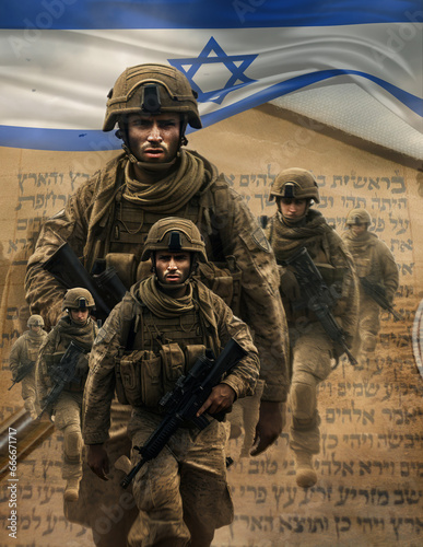 Israeli Soldiers at Gaza War with Flag of Israel and Torah Scroll in the Background. AI Generative photo