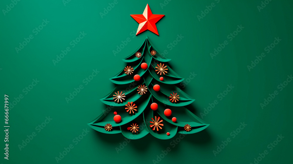 Christmas tree decorated with several red balls and red star on a green background Christmas tree decorated with several red balls and red star on a green background