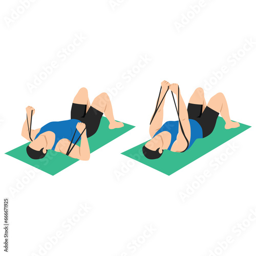 Man doing banded lying chest press from floor with yoga fitness mat. Flat vector illustration isolated on white background