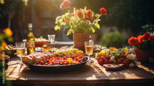 A Table with a Delicious fresh Meal and a vase full of fresh flowers