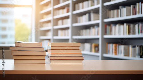 Stack of books on the table at a library, a wooden bookcase filled with books in a public library Background.