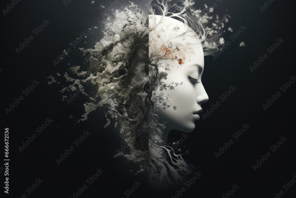 Fototapeta premium The image of a split personality. Fight with your inner world. Yin and Yang. Black and white