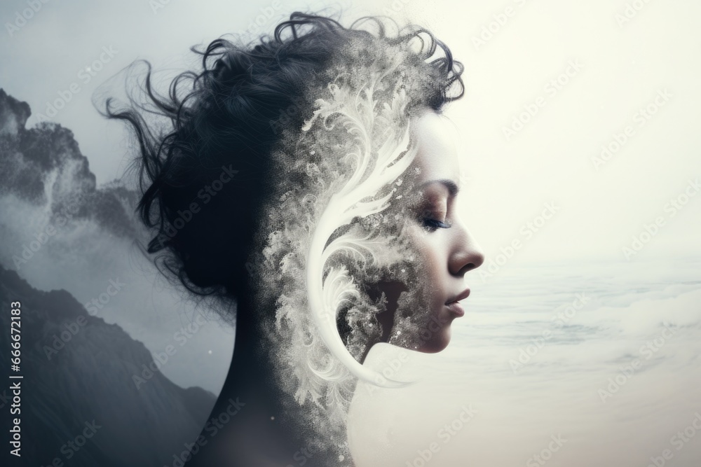 The image of a split personality. Fight with your inner world. Yin and Yang. Black and white The image of a split personality. Fight with your inner world. Yin and Yang. Black and white