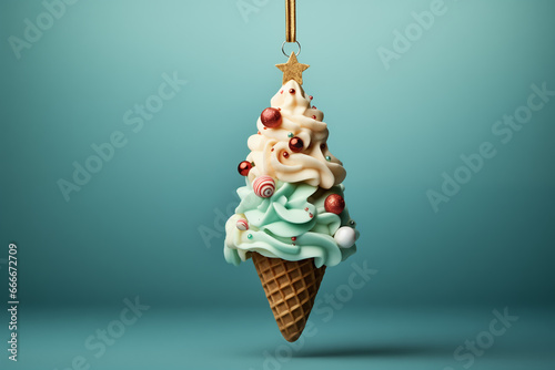 Christmas tree toy in the shape of an ice-cream. copy space. on a blue patel background. creative food concept for the holiday table. generative ai photo