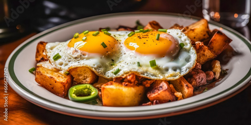 Traditional Spanish cuisine. Poor style potatoes, with eggs and fried peppers. Generative AI.