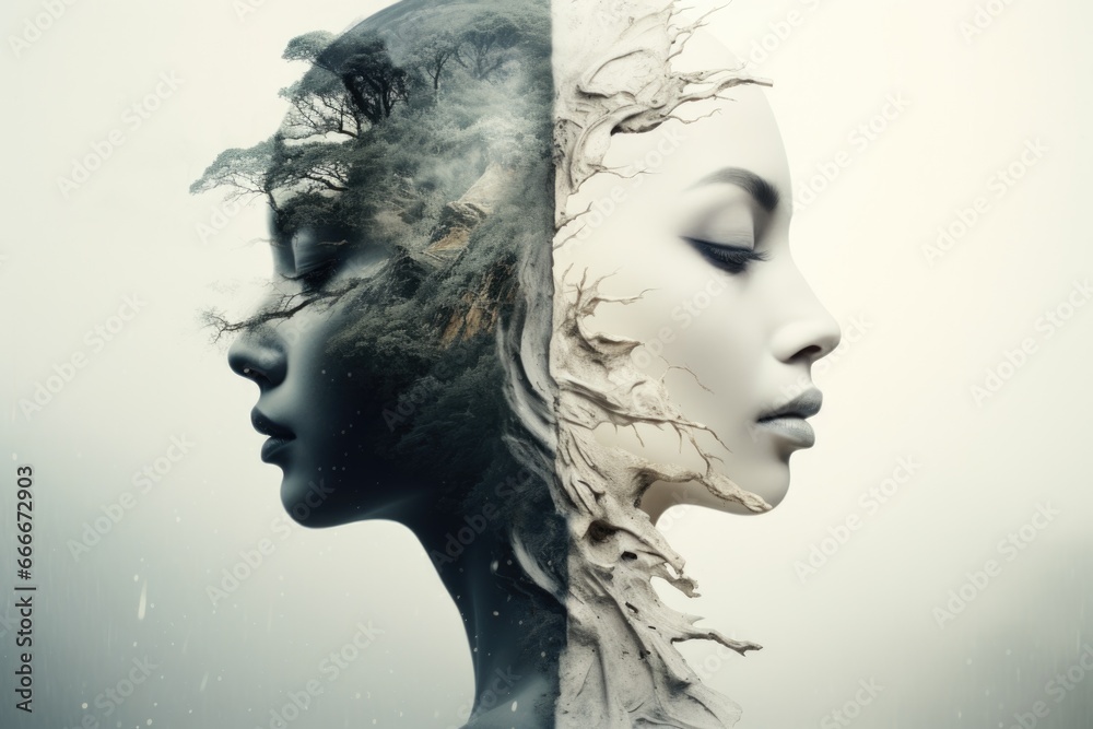 The image of a split personality. Fight with your inner world. Yin and Yang. Black and white
