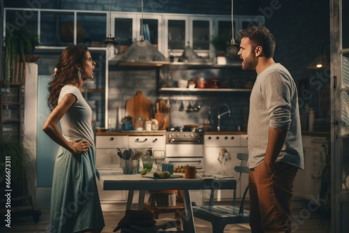 Young couple quarreling at their houme. AI generative photo