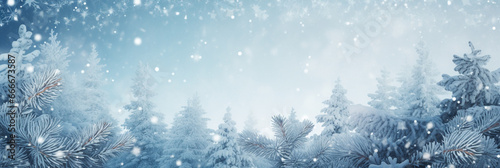 Banner winter seasonal ,snow falling down to pine tree and ground, nature background with copy space © Pakorn