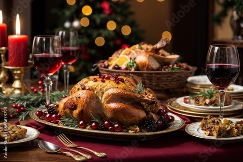 cena navideña con pollo y pavo, copas de cristal con vino, en mesa con mantel y platos decorativos 