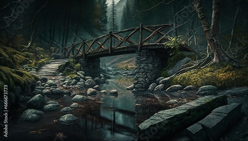 bridge in the forest over the watercourse design illustration 