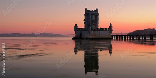 Sunset over the Belen tower in Lisbon, Portugal. Generative AI. photo