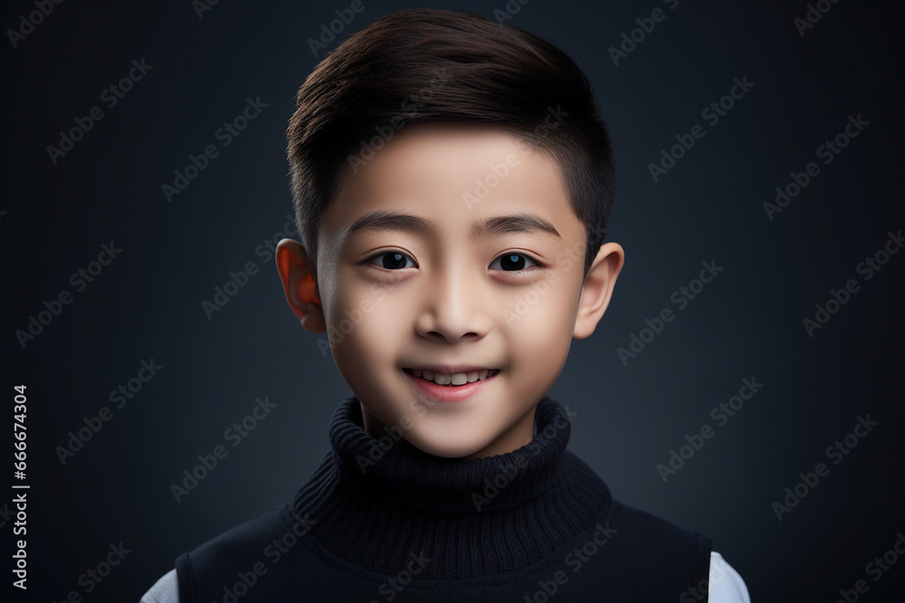 Portrait made with generative AI of a cheerful cute little boy isolated on a dark grey background Portrait made with generative AI of a cheerful cute little boy isolated on a dark grey background