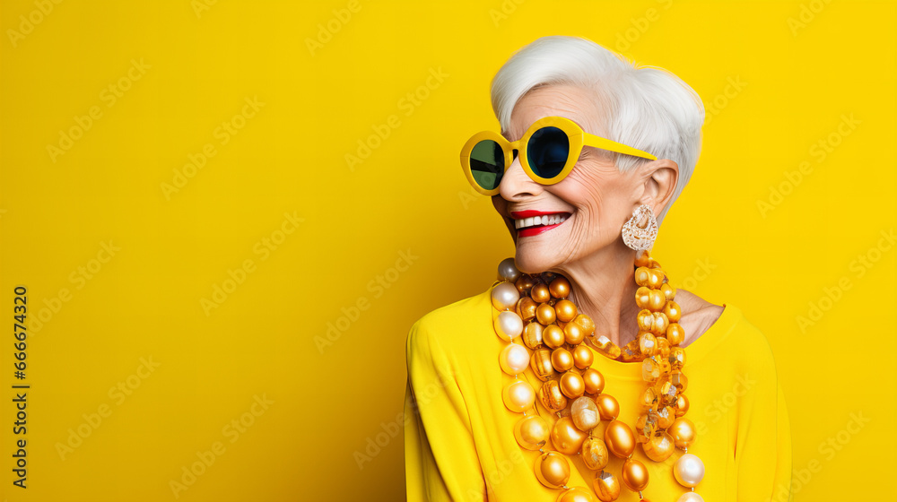 mature woman wearing yellow sunglasses and a yellow shirt mature woman wearing yellow sunglasses and a yellow shirt