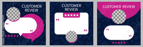 Set of three template with speech bubble for customer feedback, testimonial or review quote on dark blue background. Empty speech bubble frame with quotation marks and copy space for quotes.