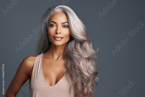 Generative AI image of a stunning attractive mature woman with beautiful long wavy hair isolated on grey background
