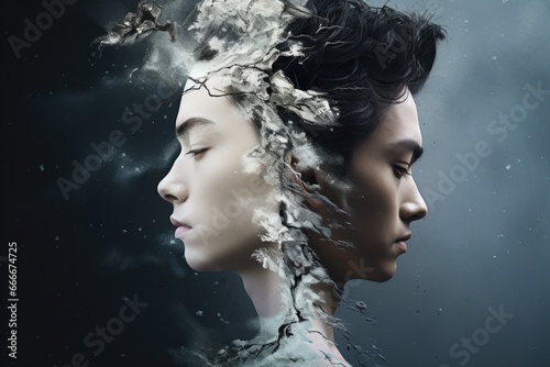 The image of a split personality. Fight with your inner world. Yin and Yang. Black and white