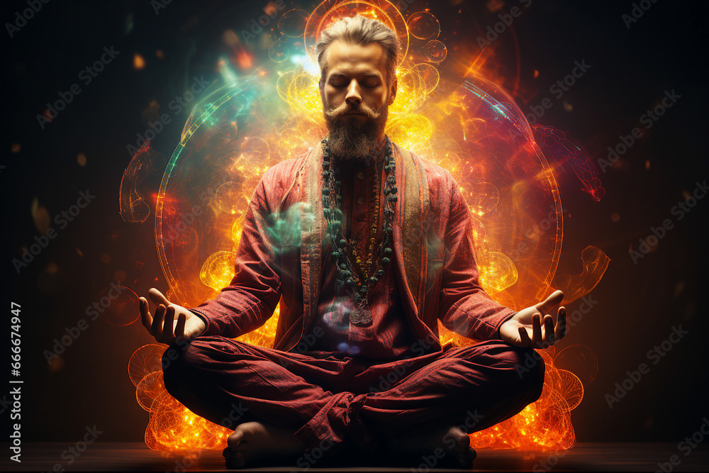 Generative AI picture of handsome middle aged mature man sitting lotus pose practicing yoga - obrazy, fototapety, plakaty 