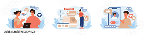 Gratitude set. Grateful and thankful characters. Charity and volunteer