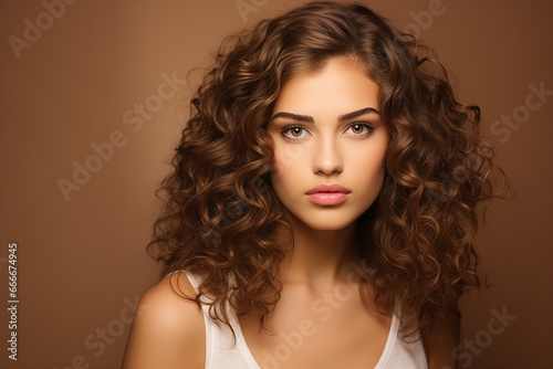 Generative AI picture of Young beautiful girl model demonstrating perfect styling curly hair