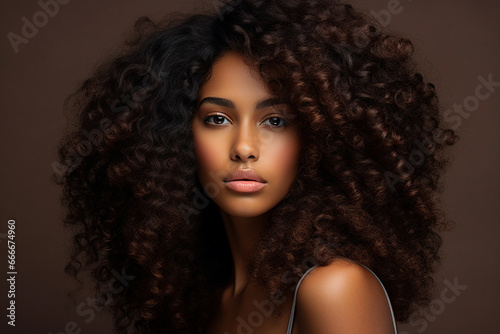 Generative AI picture of Young beautiful girl model demonstrating perfect styling curly hair