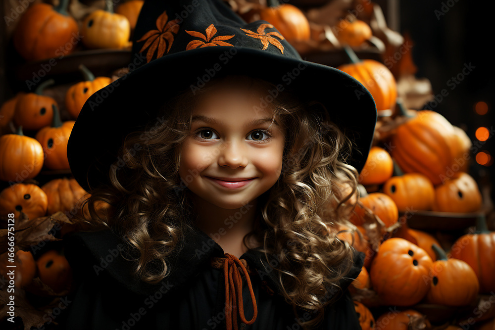 Generative AI picture of smiling little female or male child in thematic costume celebrating festival on dark background Generative AI picture of smiling little female or male child in thematic costume celebrating festival on dark background