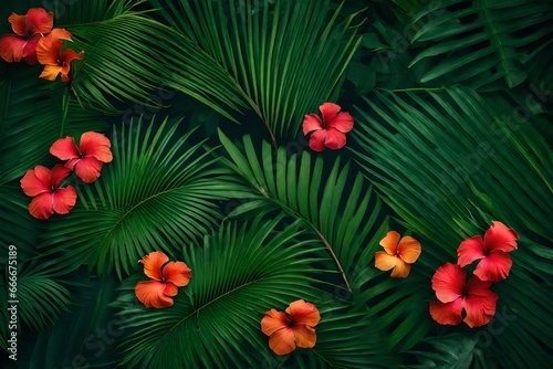 a lush and vibrant jungle background with overlapping palm fronds, and scatter colorful hibiscus flowers throughout