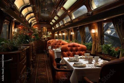 Vintage Dining interior train. Food carriage. Generate Ai photo