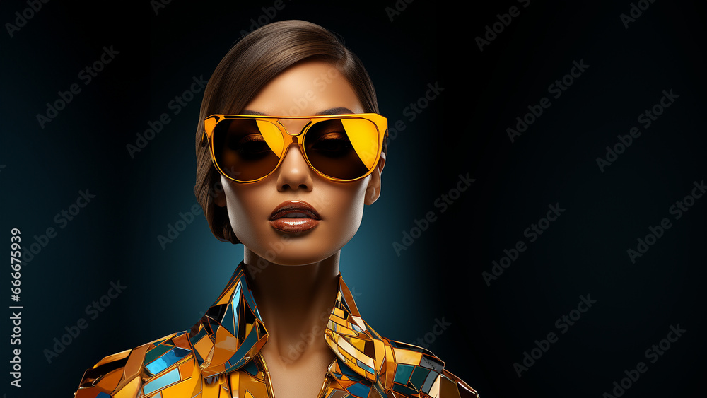 Hübsche Model Frau mit Metallic gelber Sonnenbrille und schönen Makeup im Querformat für Banner Nahaufnahme, ai generativ - obrazy, fototapety, plakaty 
