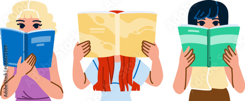 book woman reading hiding vector. person face, holding lifestyle, young female book woman reading hiding character. people flat cartoon illustration